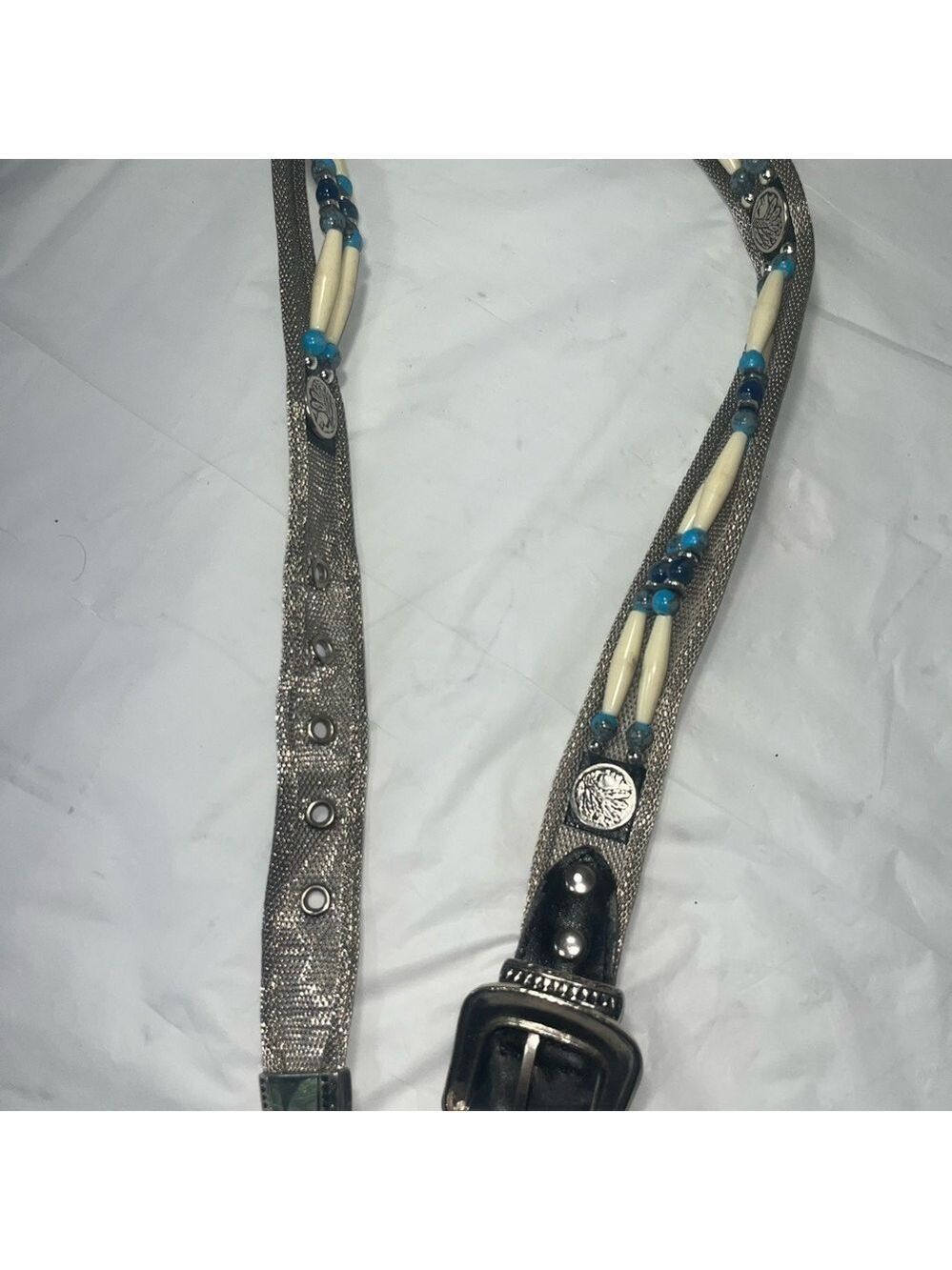 Vintage silver mesh belt embellished with beads motifs 80s native American style